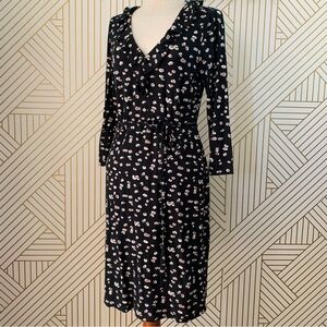 Boden Logan Ruffle V-Neck Painted Daisy Floral Stretch Black Jersey knit Dress 6